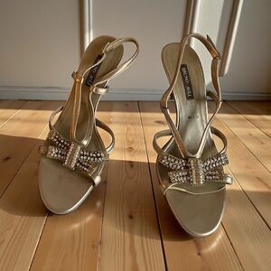 Bruno Magli Gold Strappy Heels with Rhinestone Bow